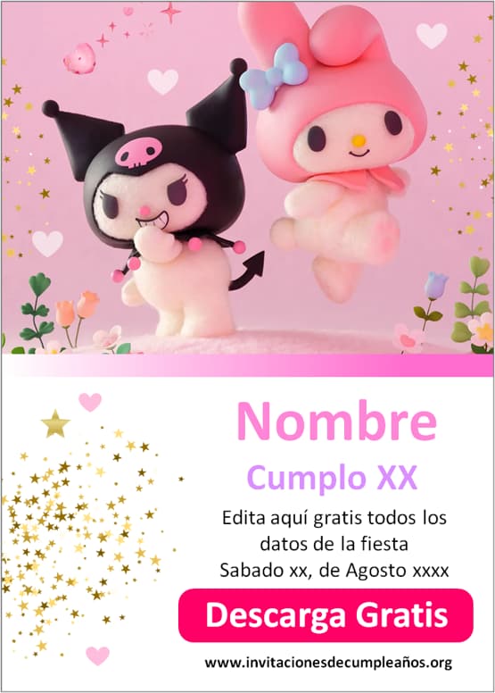 Invitaciones de My Melody y kuromi digitales gratis