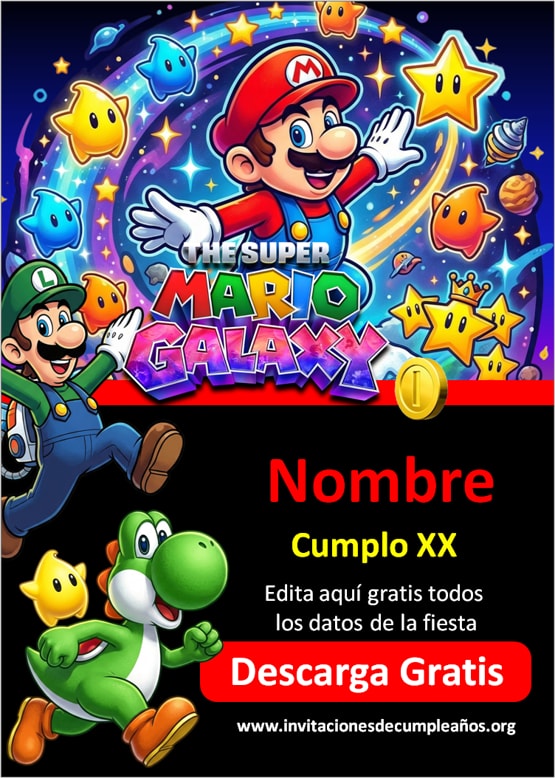 Invitaciones de Super Mario Galaxy para Editar Gratis