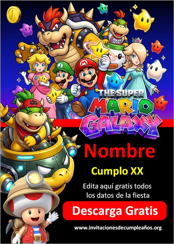 Invitación de cumpleanos Mario Galaxy para editar online