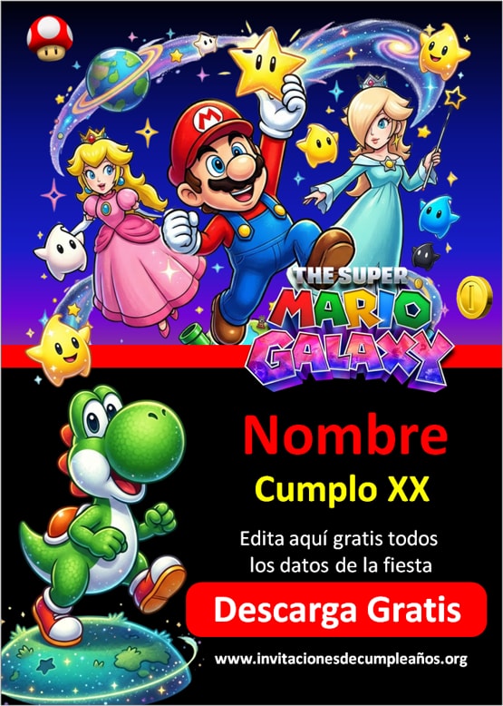Super Mario Galaxy invitaciones de cumpleanos para editar gratis