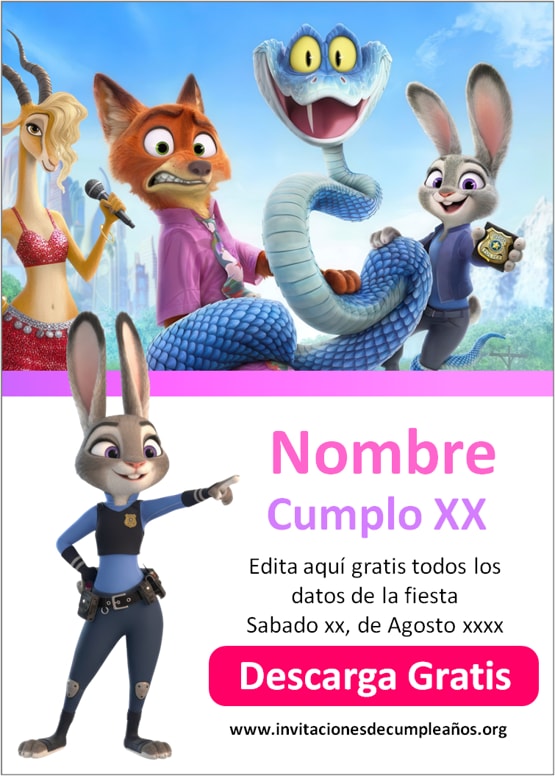 invitación Zootopia cumpleaños infantil editable gratis