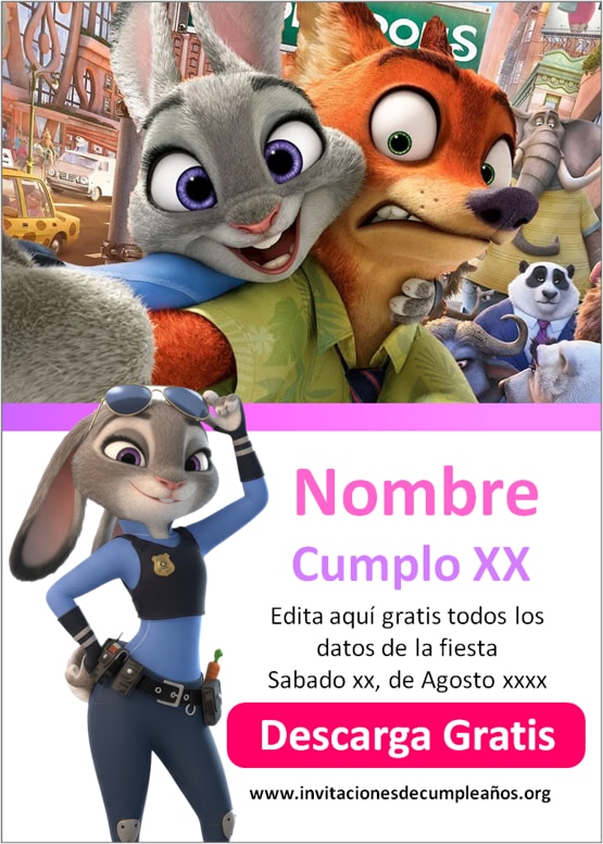 invitación digital Zootopia gratis para editar y compartir