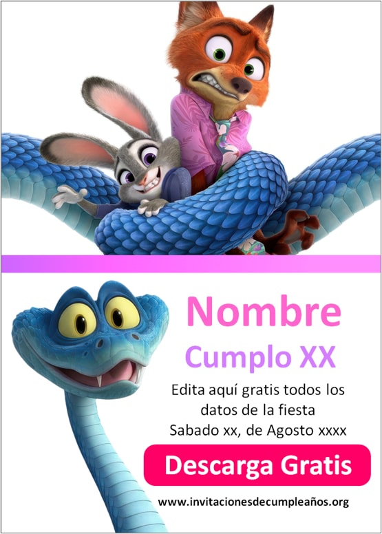 invitación Zootopia bonita gratis editable para WhatsApp