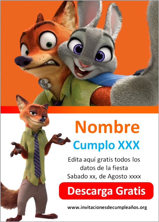 invitación Zootopia para editar gratis online y enviar por WhatsApp